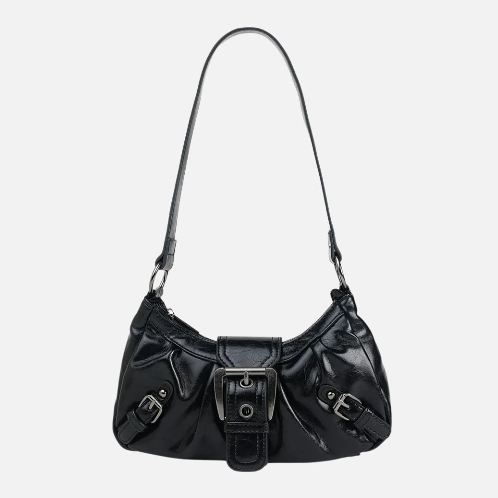 Patent Leather Shoulder Bag with Multi-Buckle Front Detail