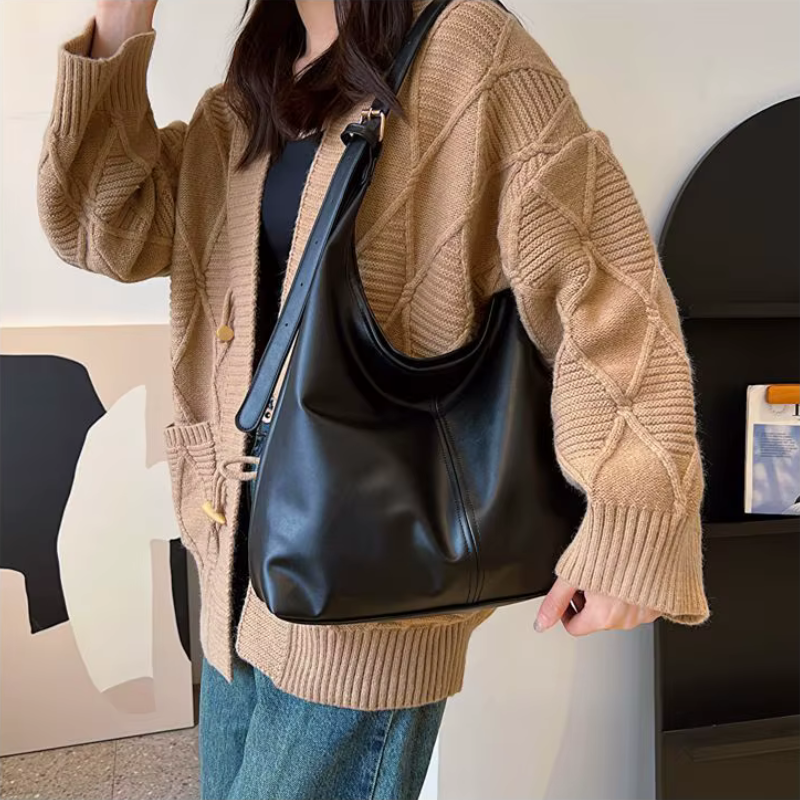 Pebbled Leather Hobo Shoulder Bag in Relaxed Crescent Shape