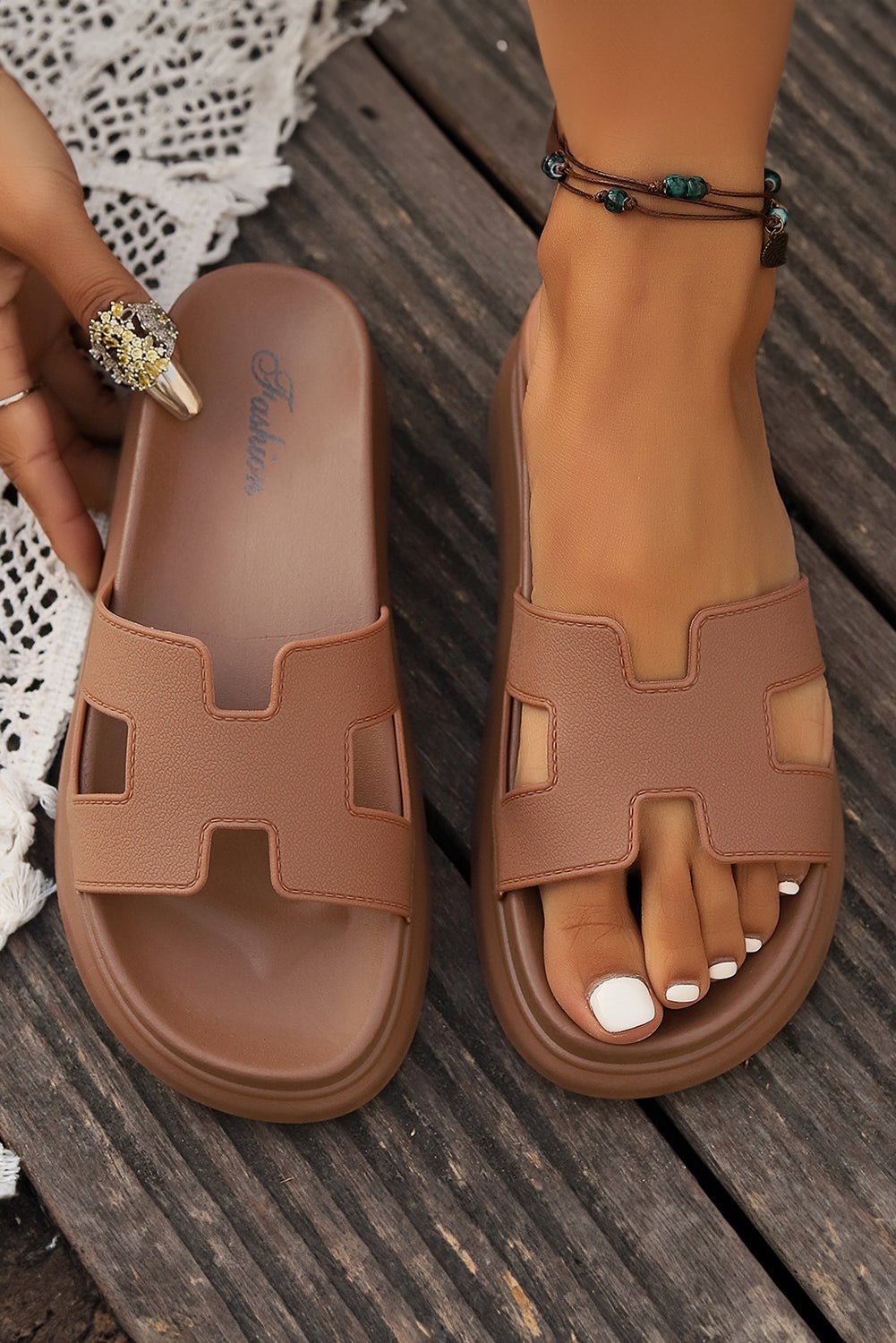 Platform Slide Sandals with Cut-Out H-Strap Detail