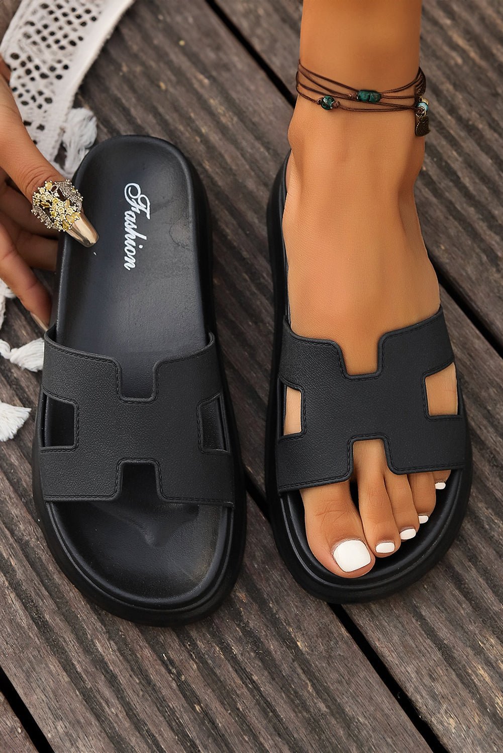Platform Slide Sandals with Cut-Out H-Strap Detail