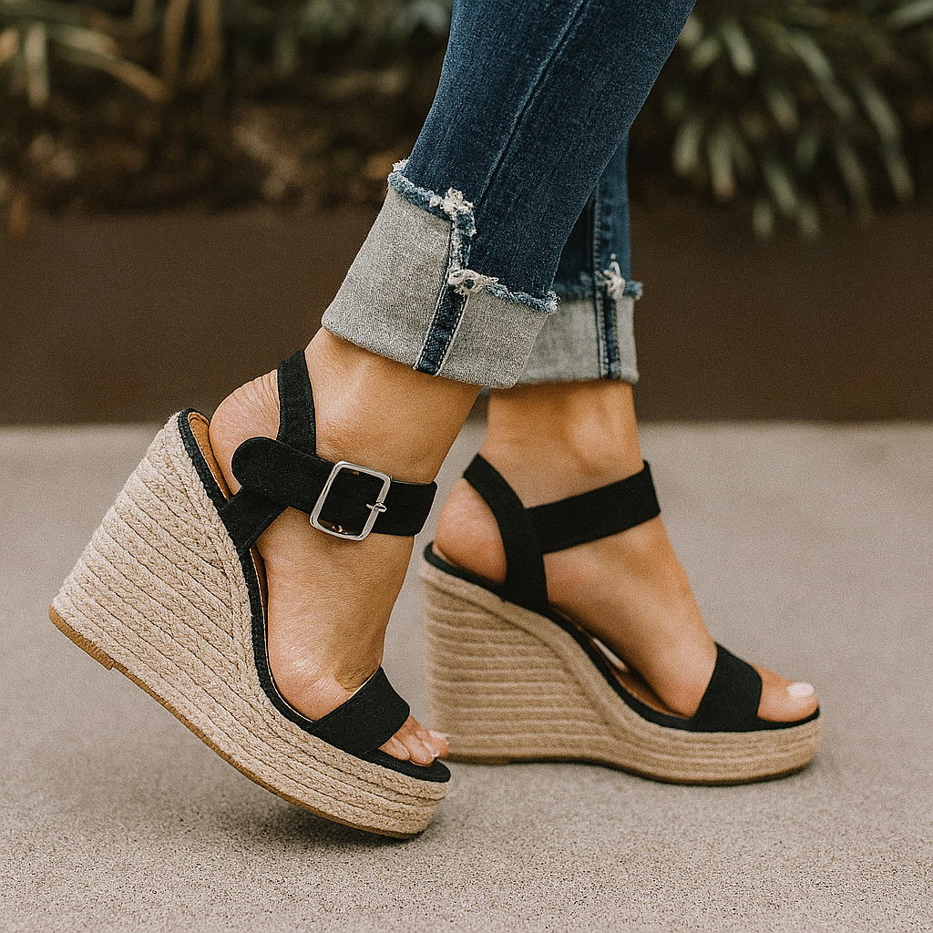 Platform Wedge Sandals with Ankle Strap and Espadrille Sole