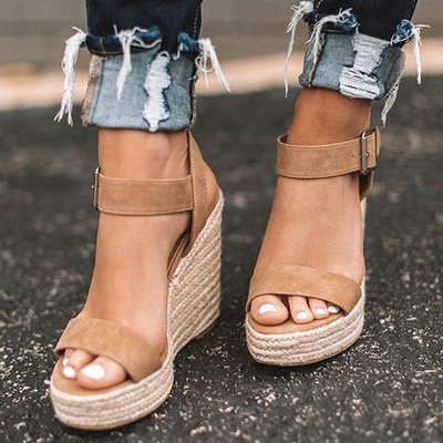 Platform Wedge Sandals with Ankle Strap and Espadrille Sole
