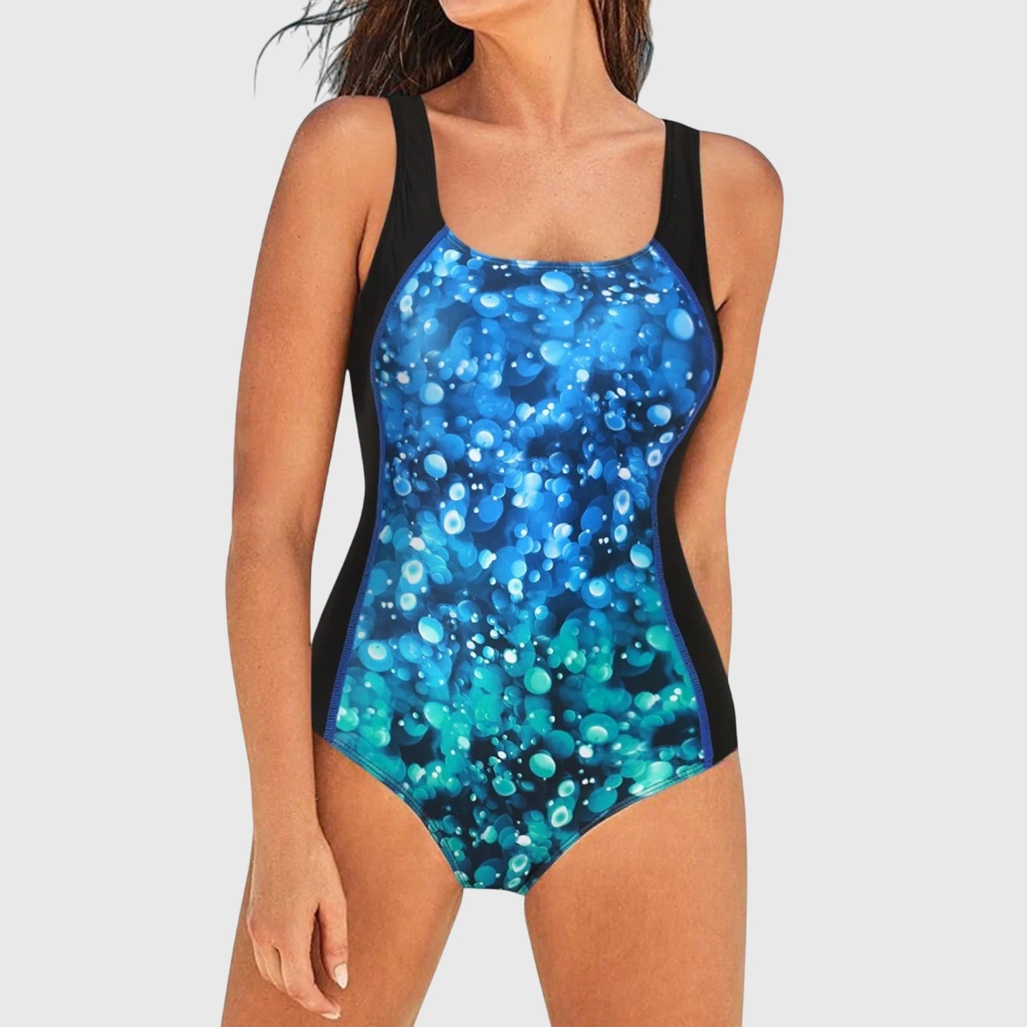 Printed One Piece Swimsuit with Square Neckline and Wide Straps