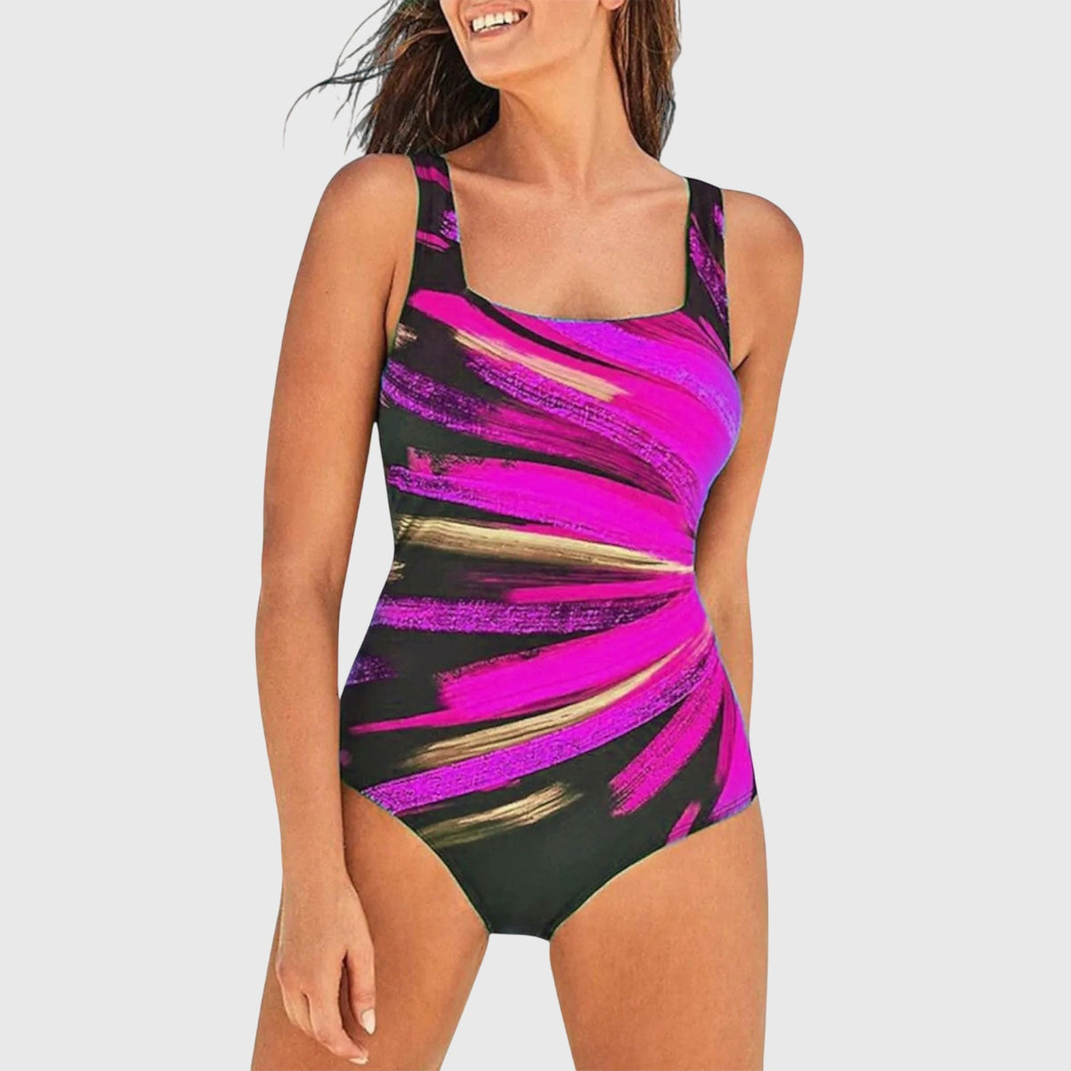 Printed One Piece Swimsuit with Square Neckline and Wide Straps
