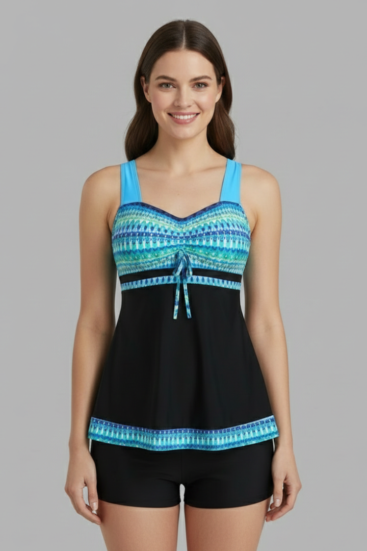 Printed Tankini Set with Boyshort Bottoms and Tie Front Detail