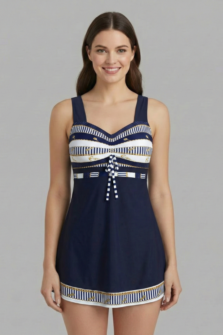 Printed Tankini Set with Boyshort Bottoms and Tie Front Detail