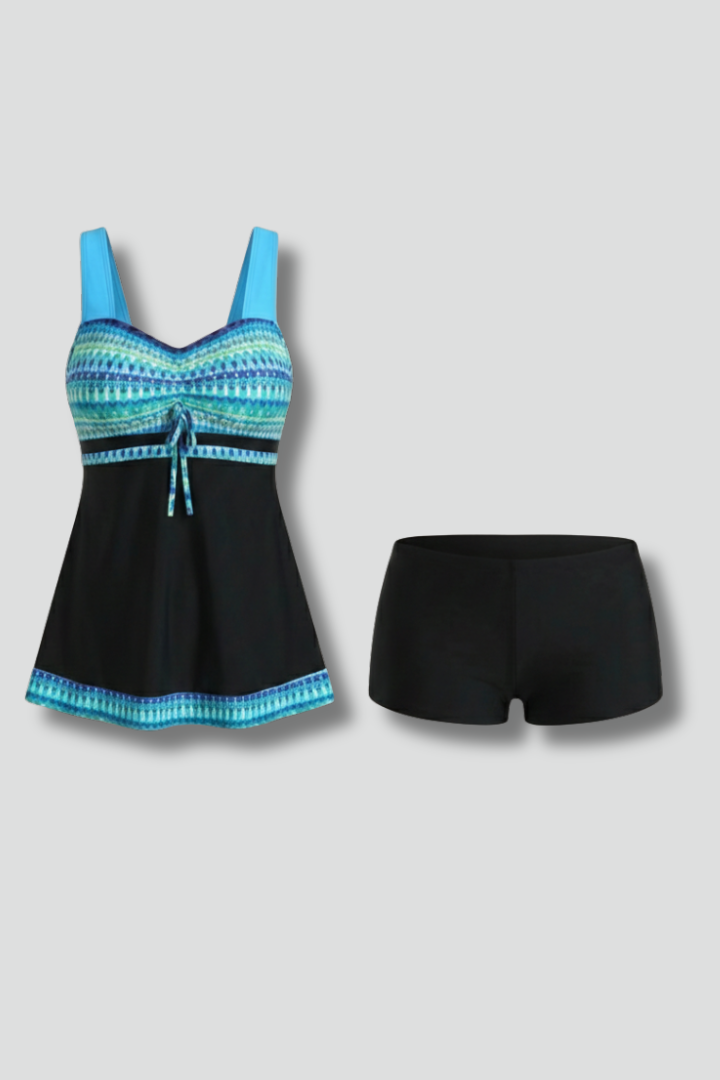 Printed Tankini Set with Boyshort Bottoms and Tie Front Detail