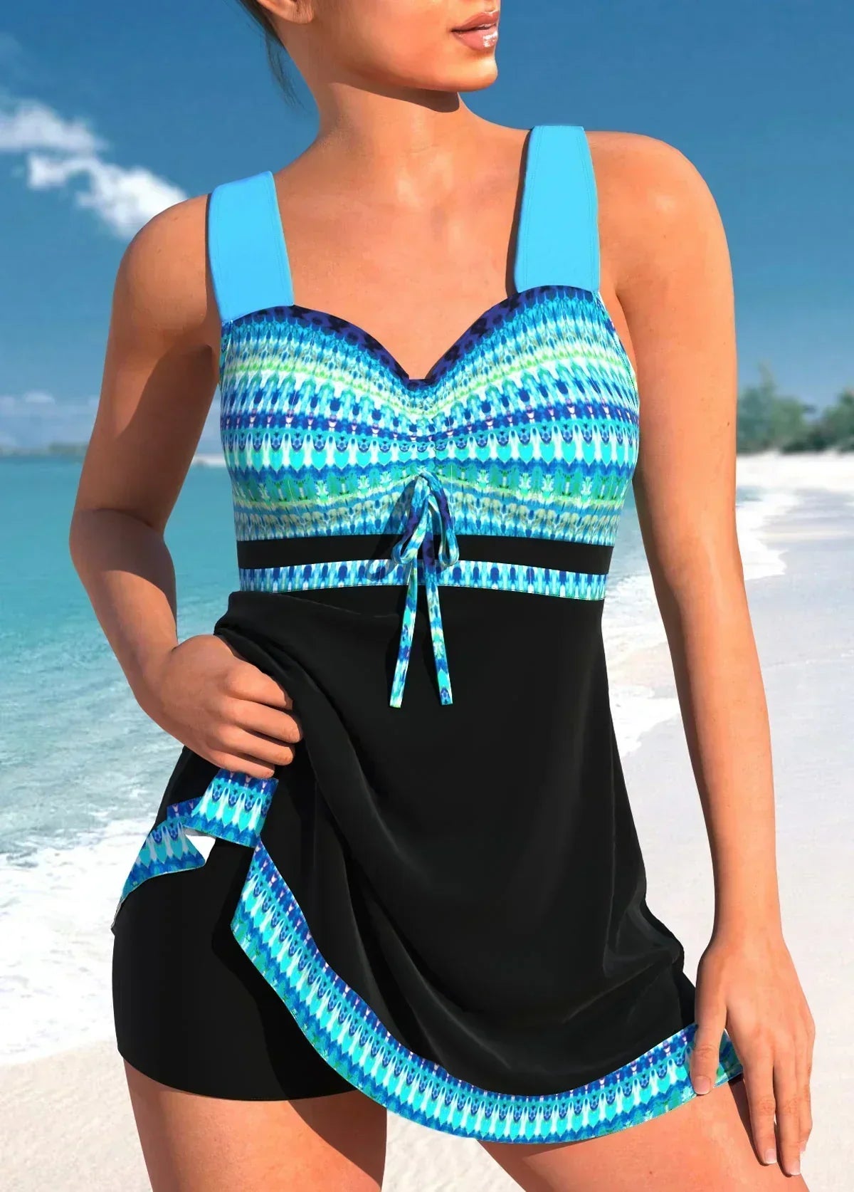 Printed Tankini Swim Dress with Built-In Shorts and Tie Front