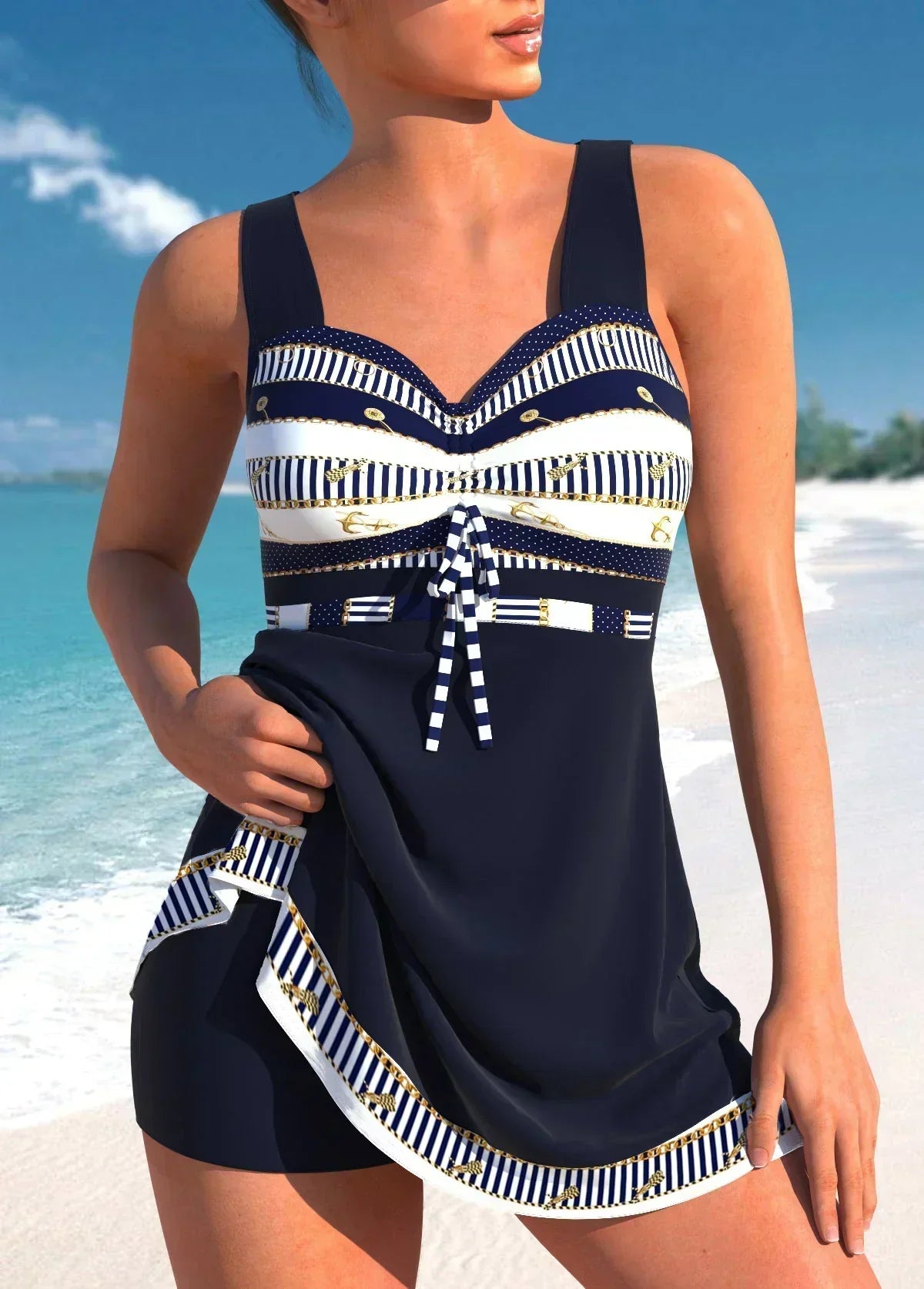 Printed Tankini Swim Dress with Built-In Shorts and Tie Front