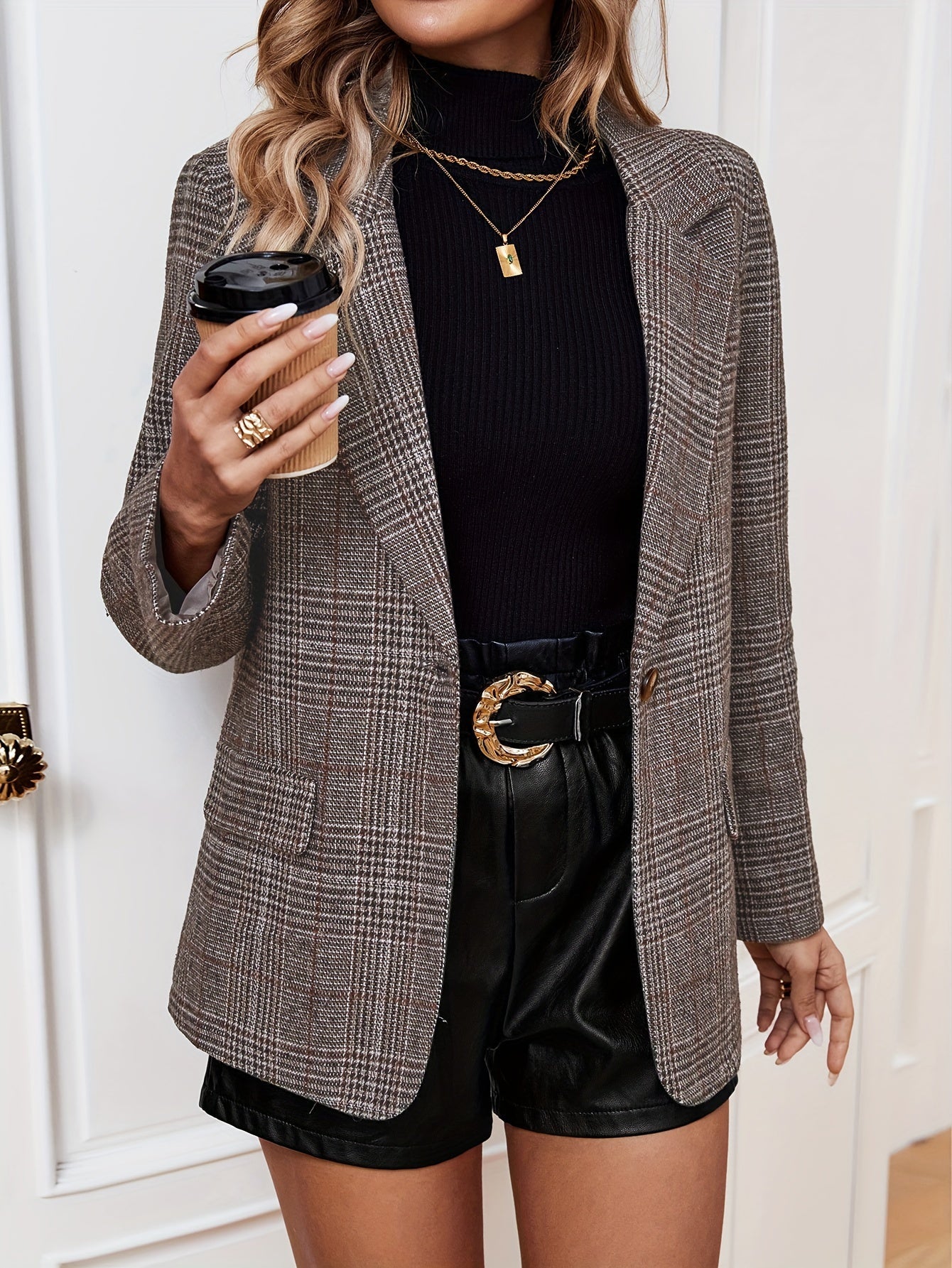 Relaxed Check Blazer with Lapels and Patch Pockets
