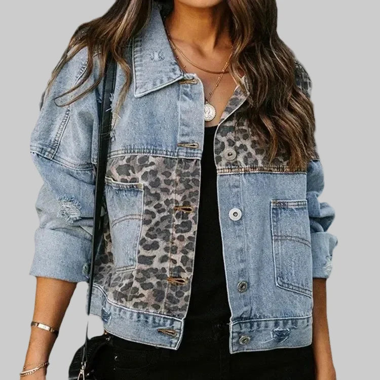 Relaxed Fit Denim Jacket with Leopard Print Panel Detail