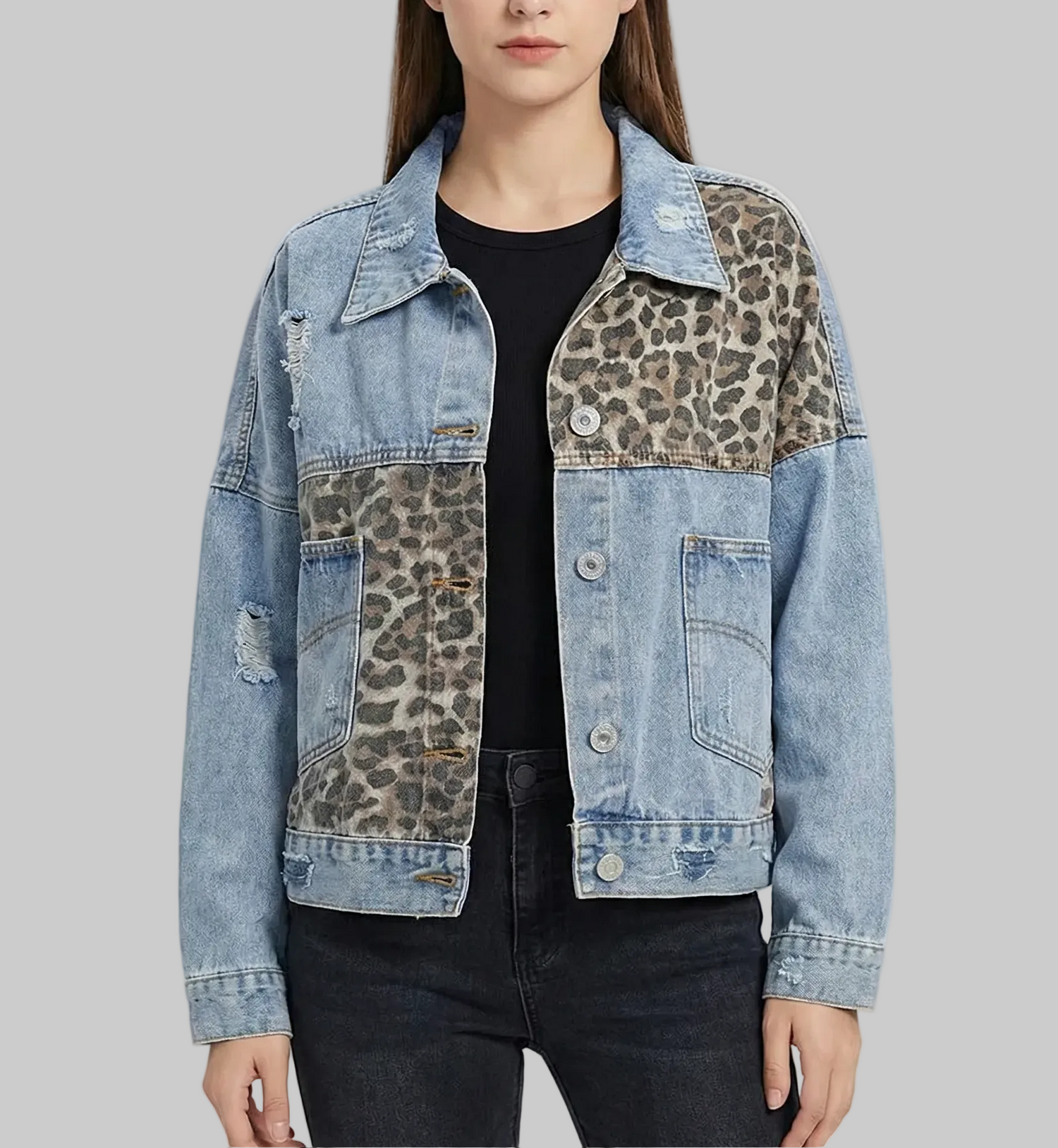 Relaxed Fit Denim Jacket with Leopard Print Panel Detail