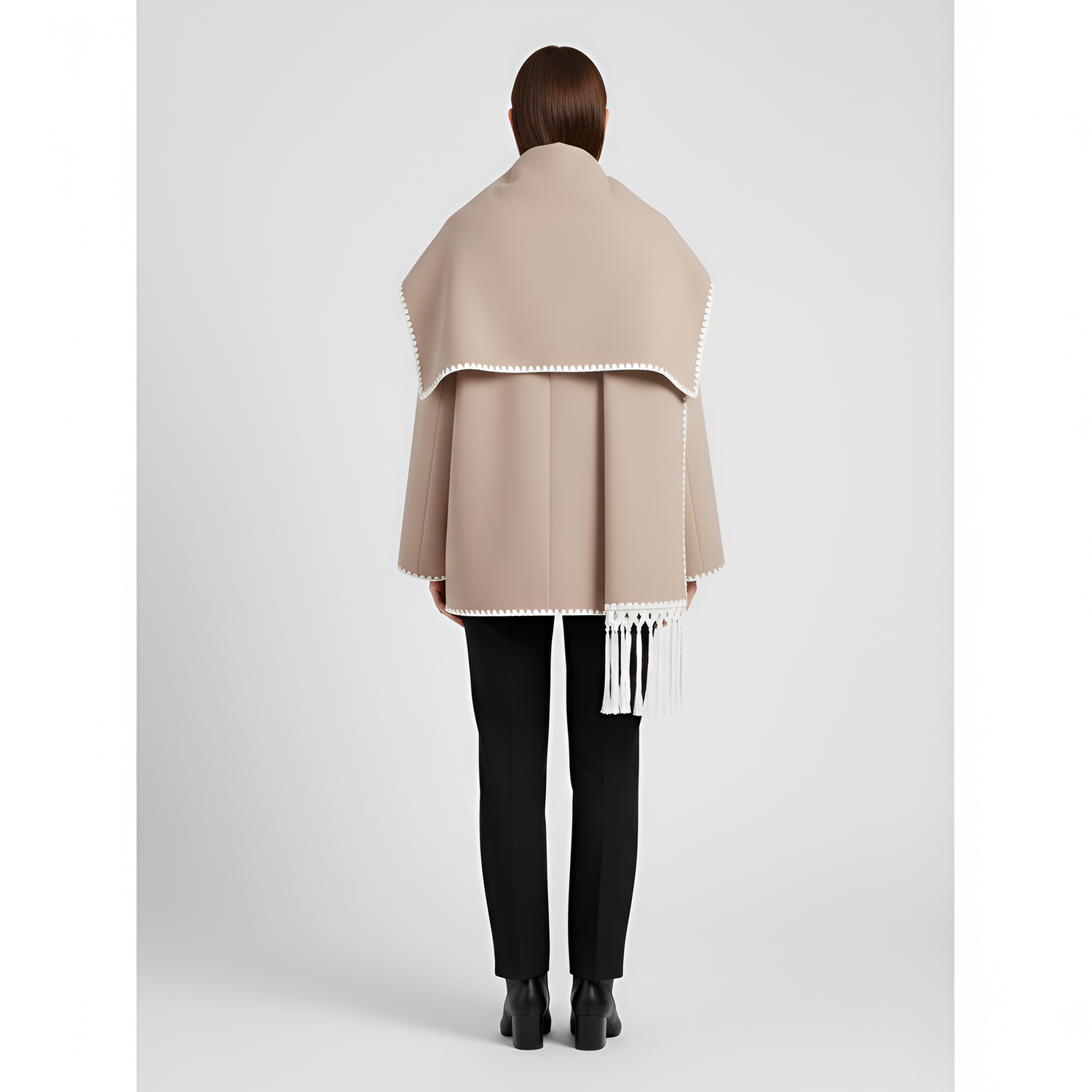 Relaxed Fit Wool Coat with Contrast Trim and Attached Fringe Scarf