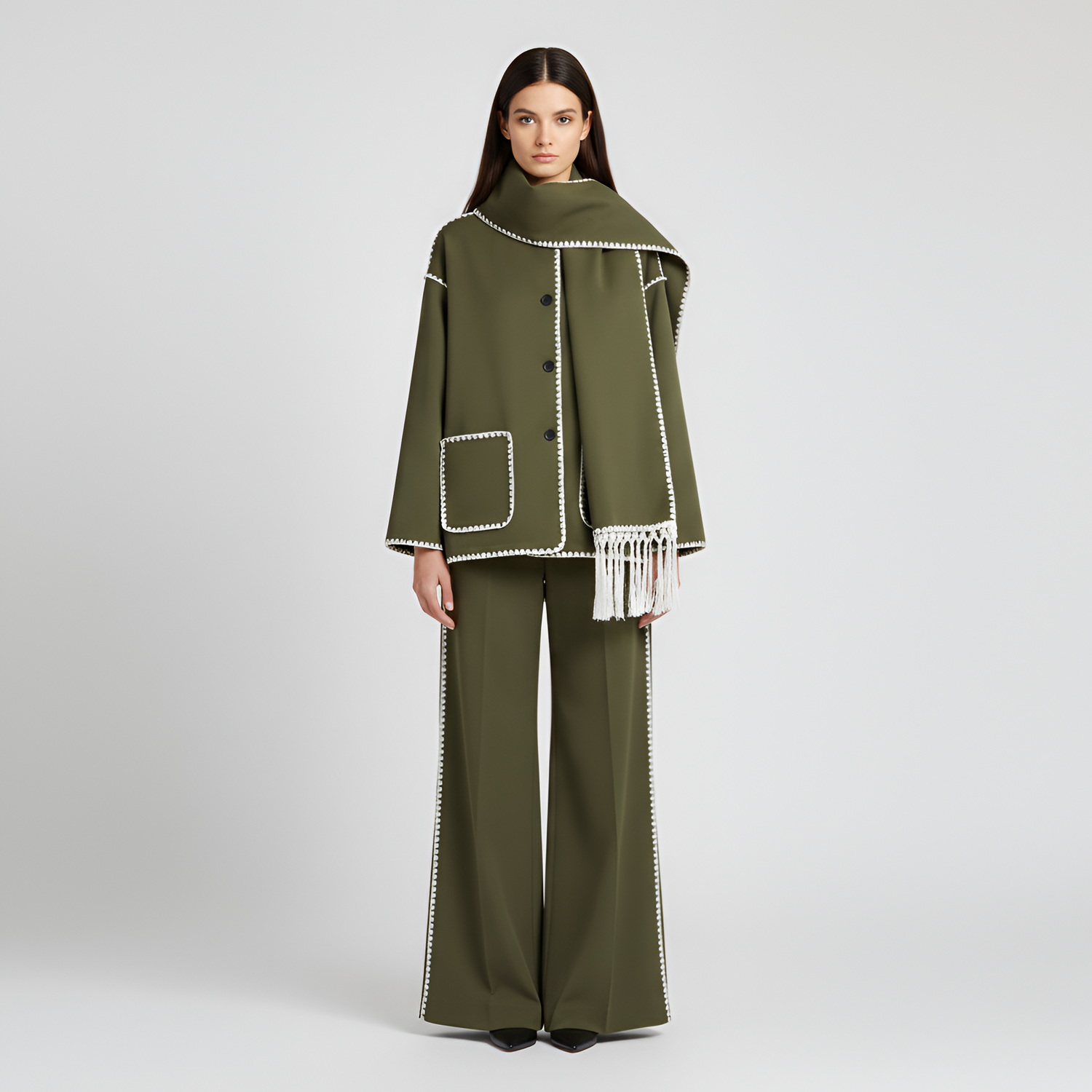 Relaxed Fit Wool Coat with Contrast Trim and Attached Fringe Scarf