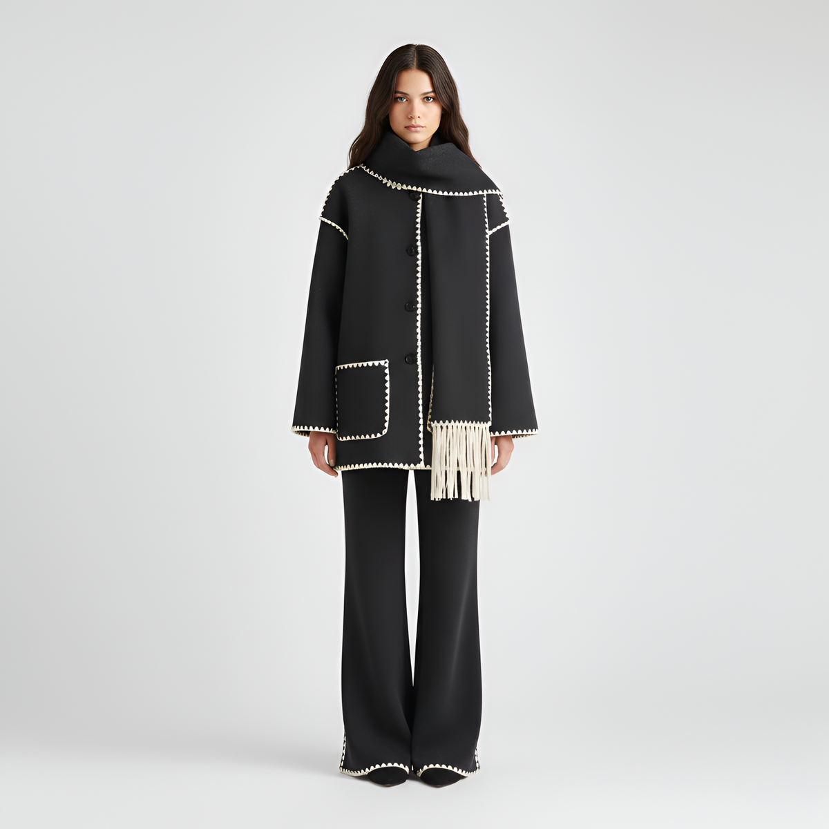 Relaxed Fit Wool Coat with Contrast Trim and Attached Fringe Scarf