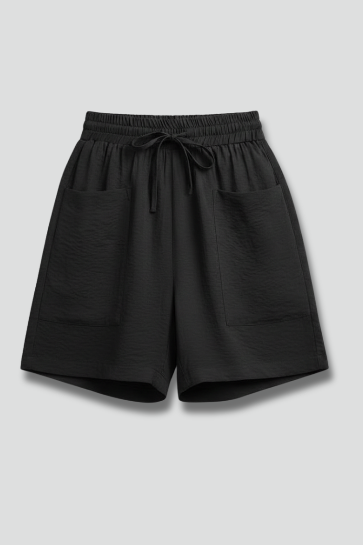 Relaxed High Waist Shorts with Drawstring and Patch Pockets