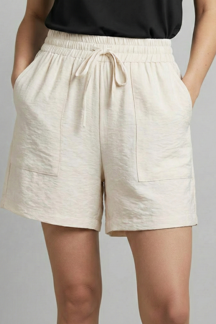 Relaxed High Waist Shorts with Drawstring and Patch Pockets
