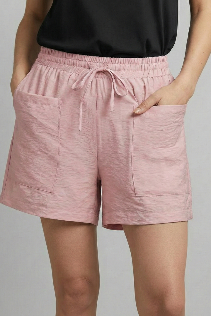Relaxed High Waist Shorts with Drawstring and Patch Pockets