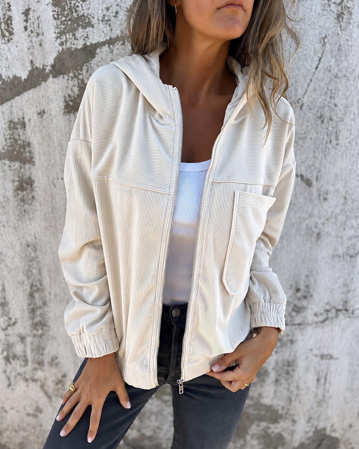 Relaxed Hooded Lightweight Jacket with Chest Pocket and Ribbed Texture