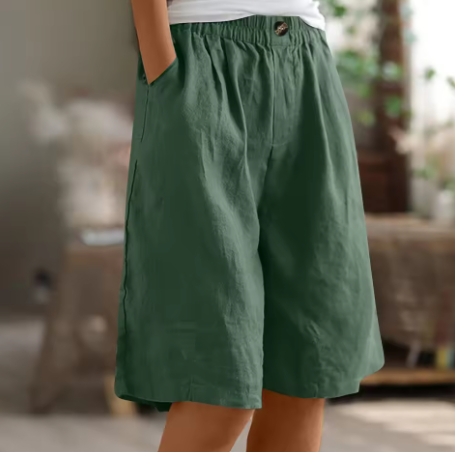 Relaxed Linen Shorts with Elastic Waist and Side Pockets