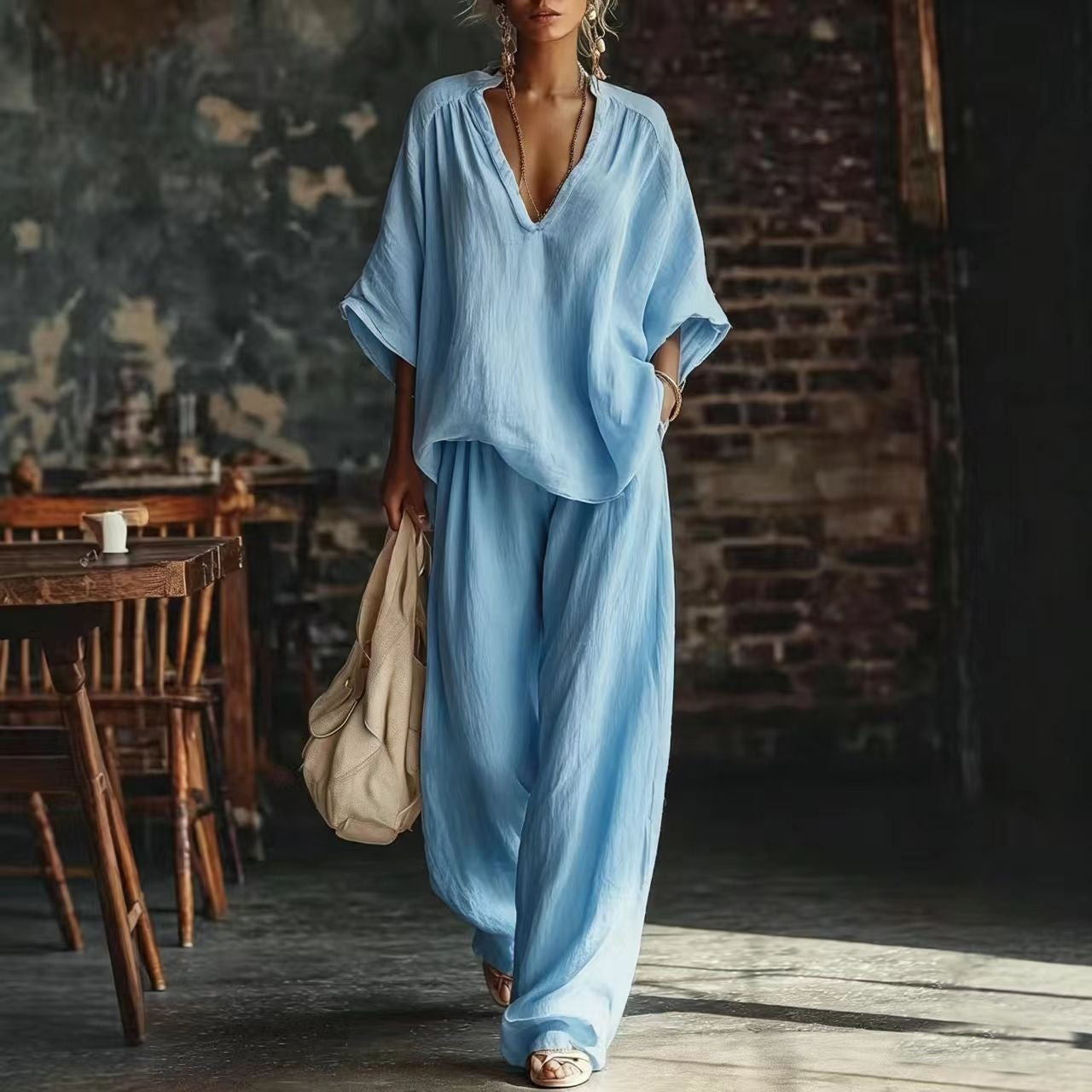 Relaxed Linen-Style Two Piece Set with V-Neckline Top and Wide Leg Trousers