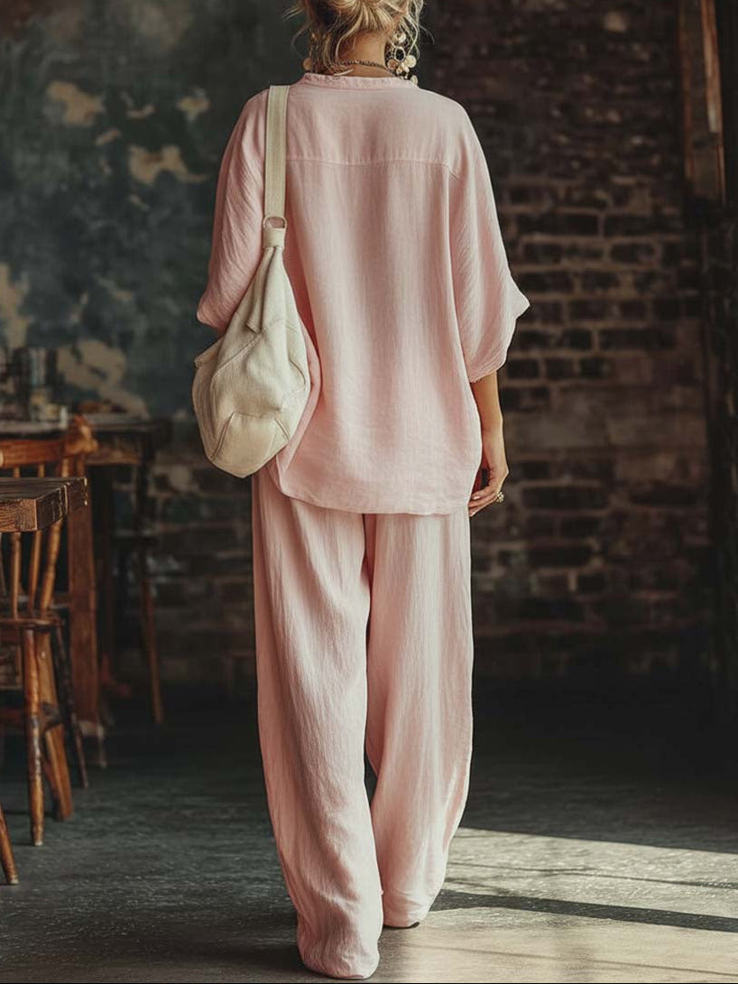 Relaxed Linen-Style Two Piece Set with V-Neckline Top and Wide Leg Trousers
