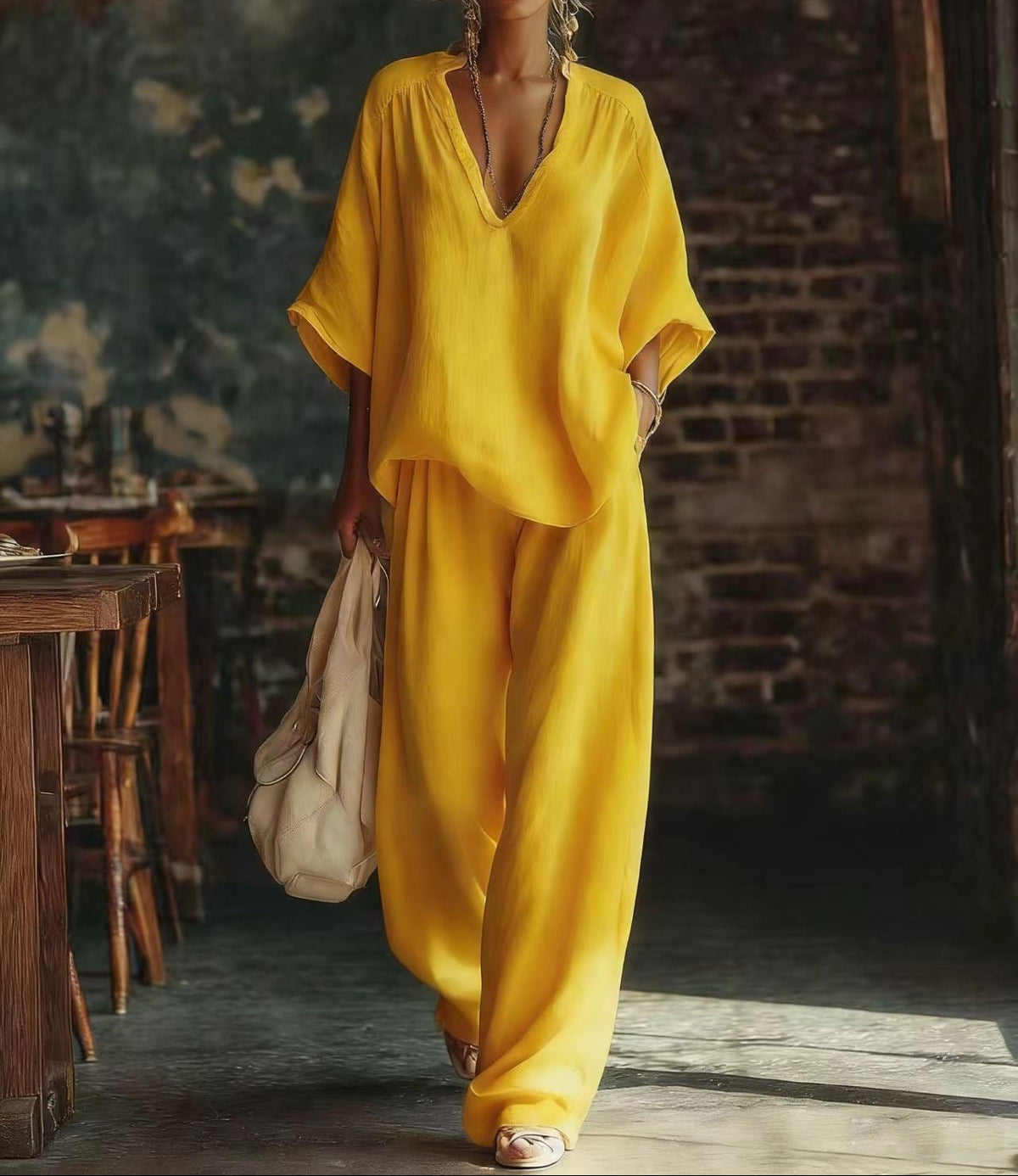Relaxed Linen-Style Two Piece Set with V-Neckline Top and Wide Leg Trousers