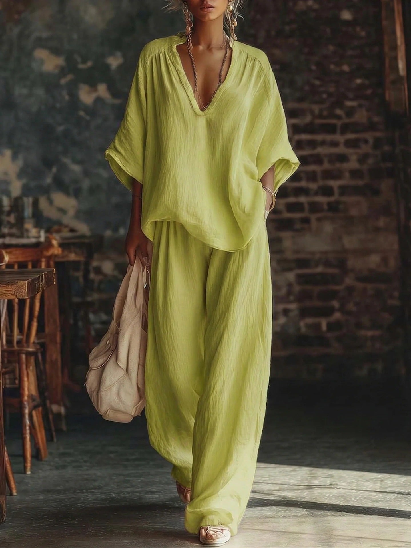 Relaxed Linen-Style Two Piece Set with V-Neckline Top and Wide Leg Trousers