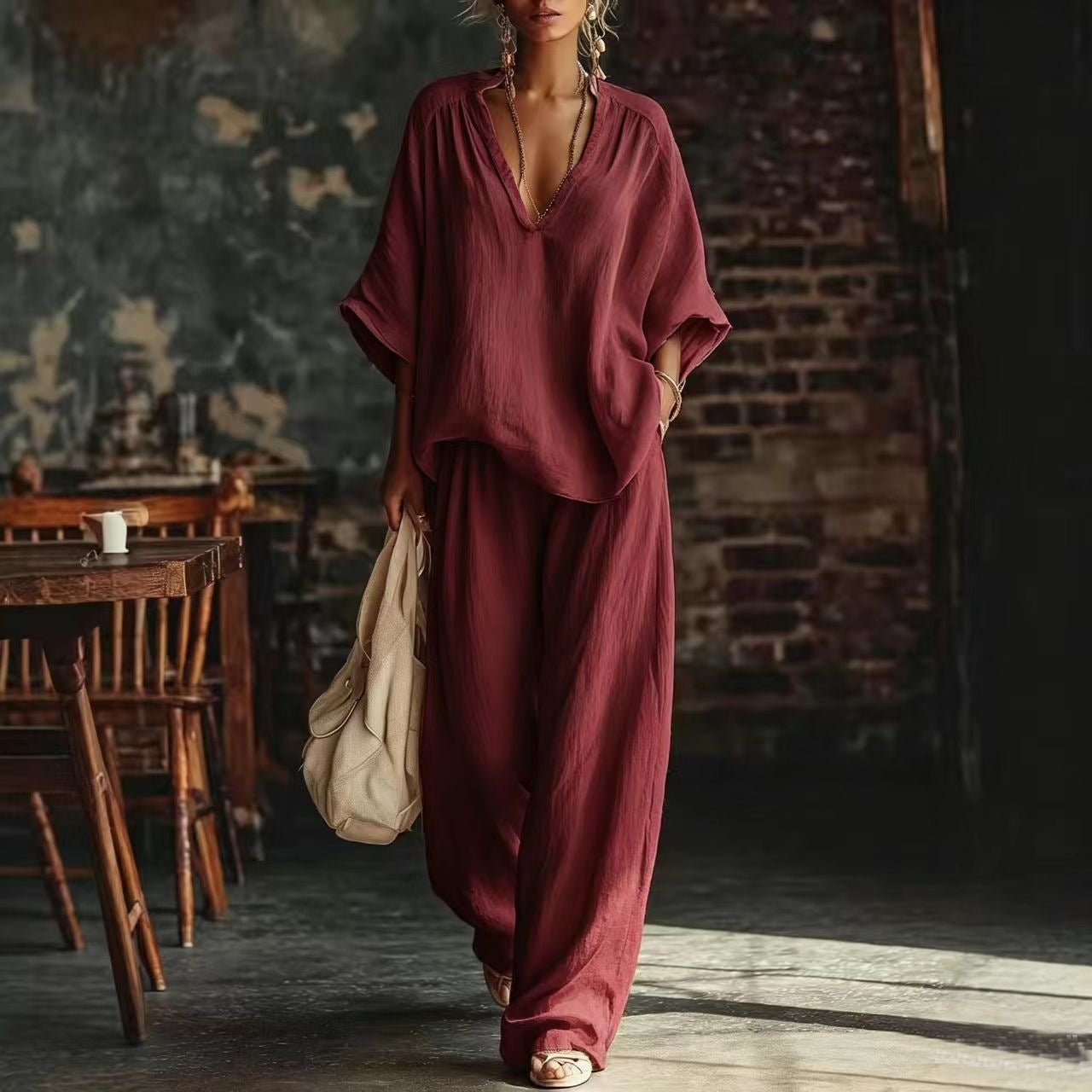 Relaxed Linen-Style Two Piece Set with V-Neckline Top and Wide Leg Trousers