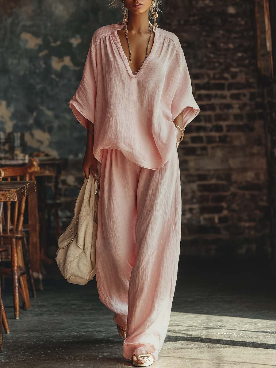 Relaxed Linen-Style Two Piece Set with V-Neckline Top and Wide Leg Trousers