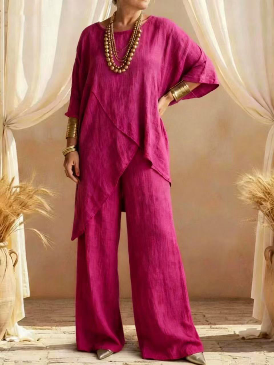Relaxed Linen Two Piece Set with Asymmetric Tunic and Wide Leg Trousers