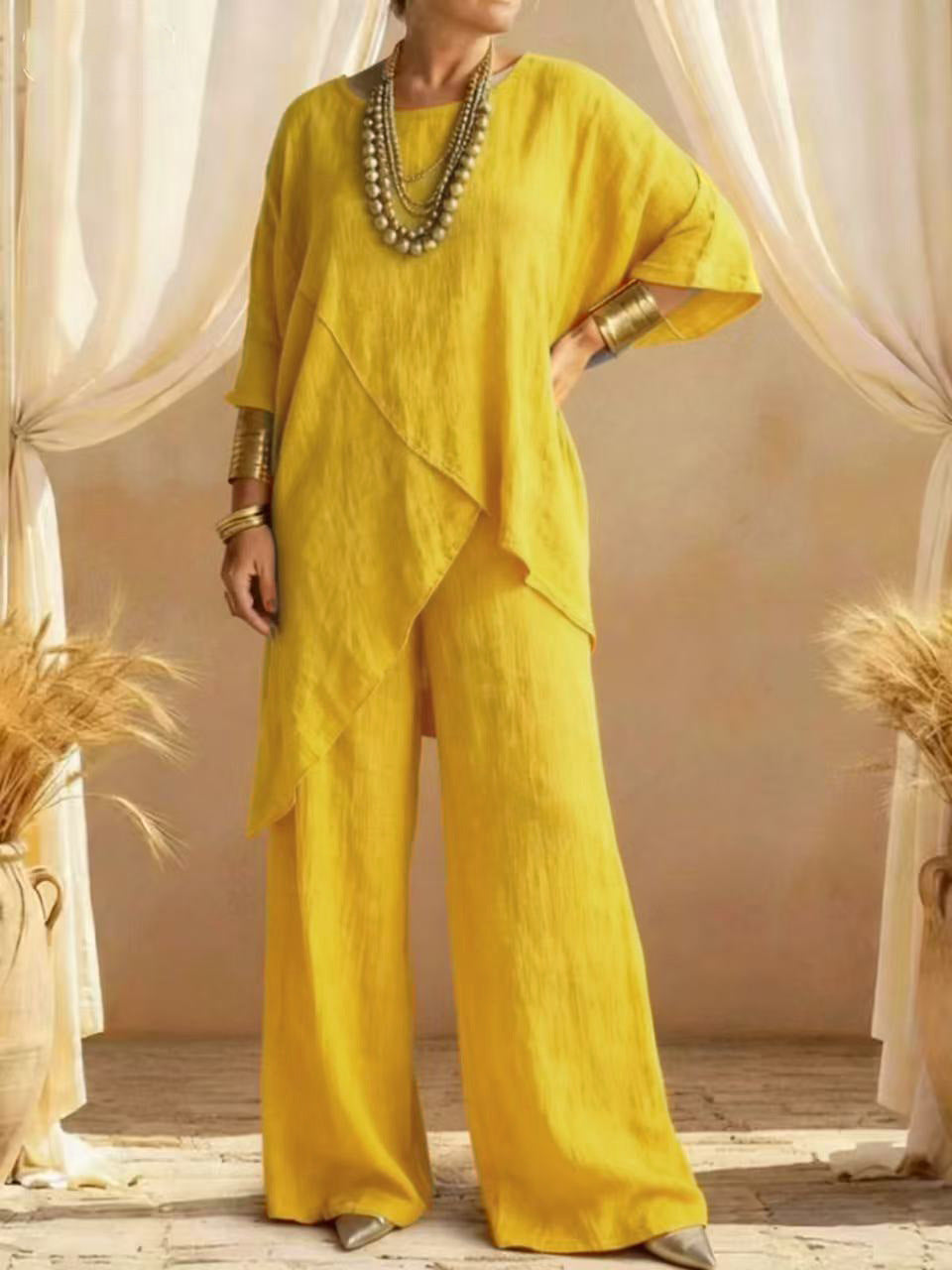Relaxed Linen Two Piece Set with Asymmetric Tunic and Wide Leg Trousers