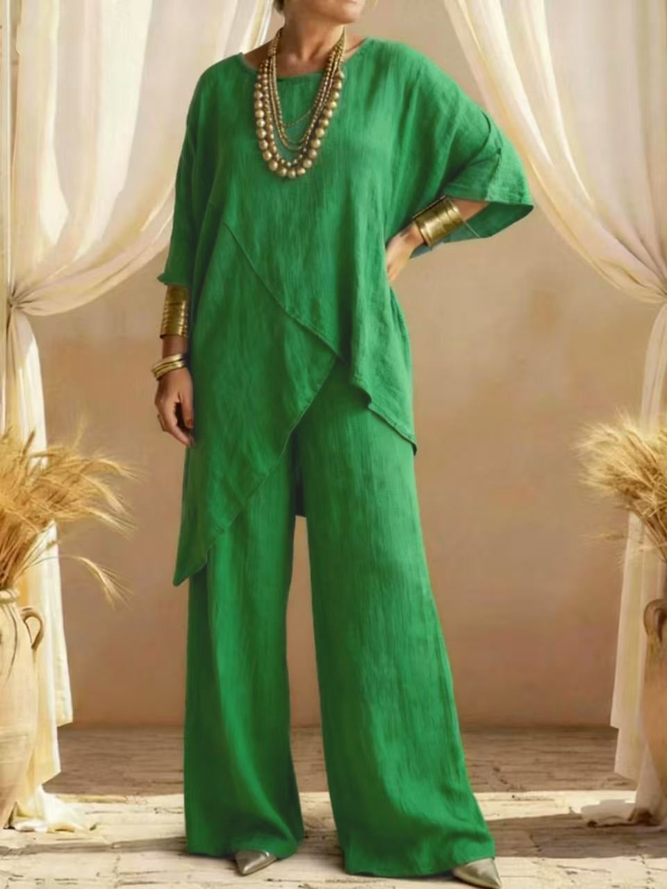 Relaxed Linen Two Piece Set with Asymmetric Tunic and Wide Leg Trousers