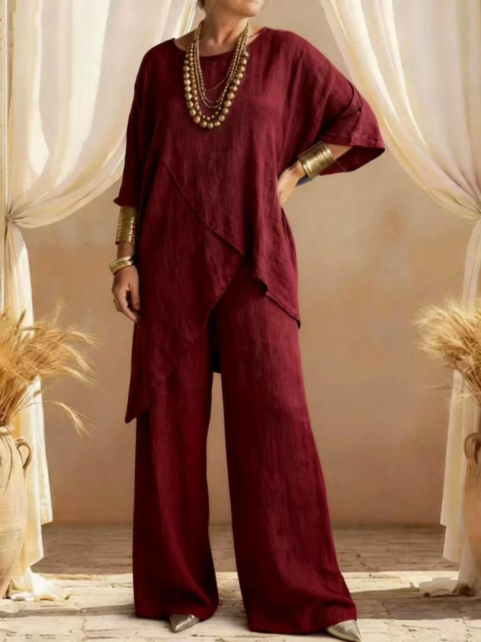 Relaxed Linen Two Piece Set with Asymmetric Tunic and Wide Leg Trousers