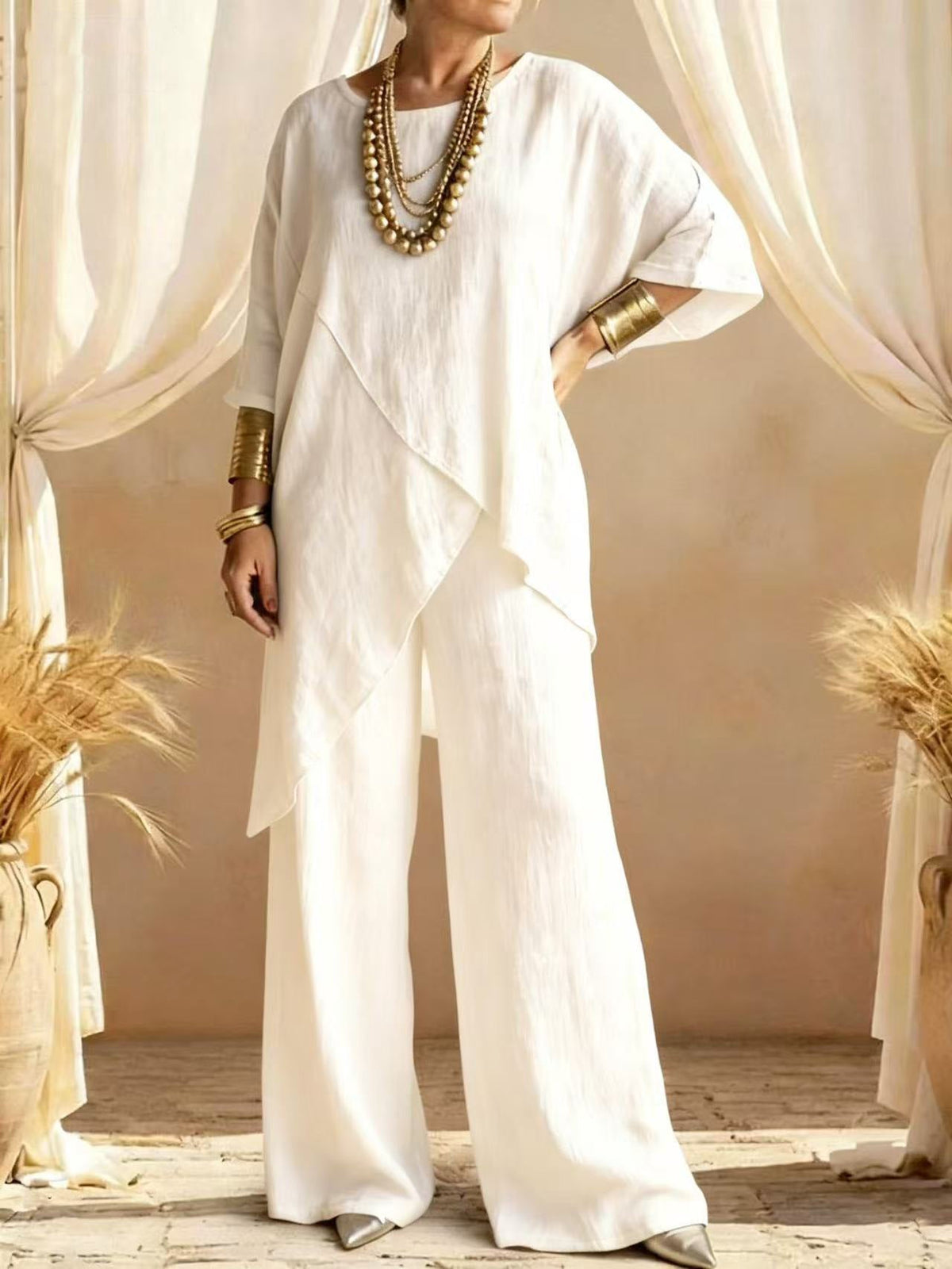 Relaxed Linen Two Piece Set with Asymmetric Tunic and Wide Leg Trousers
