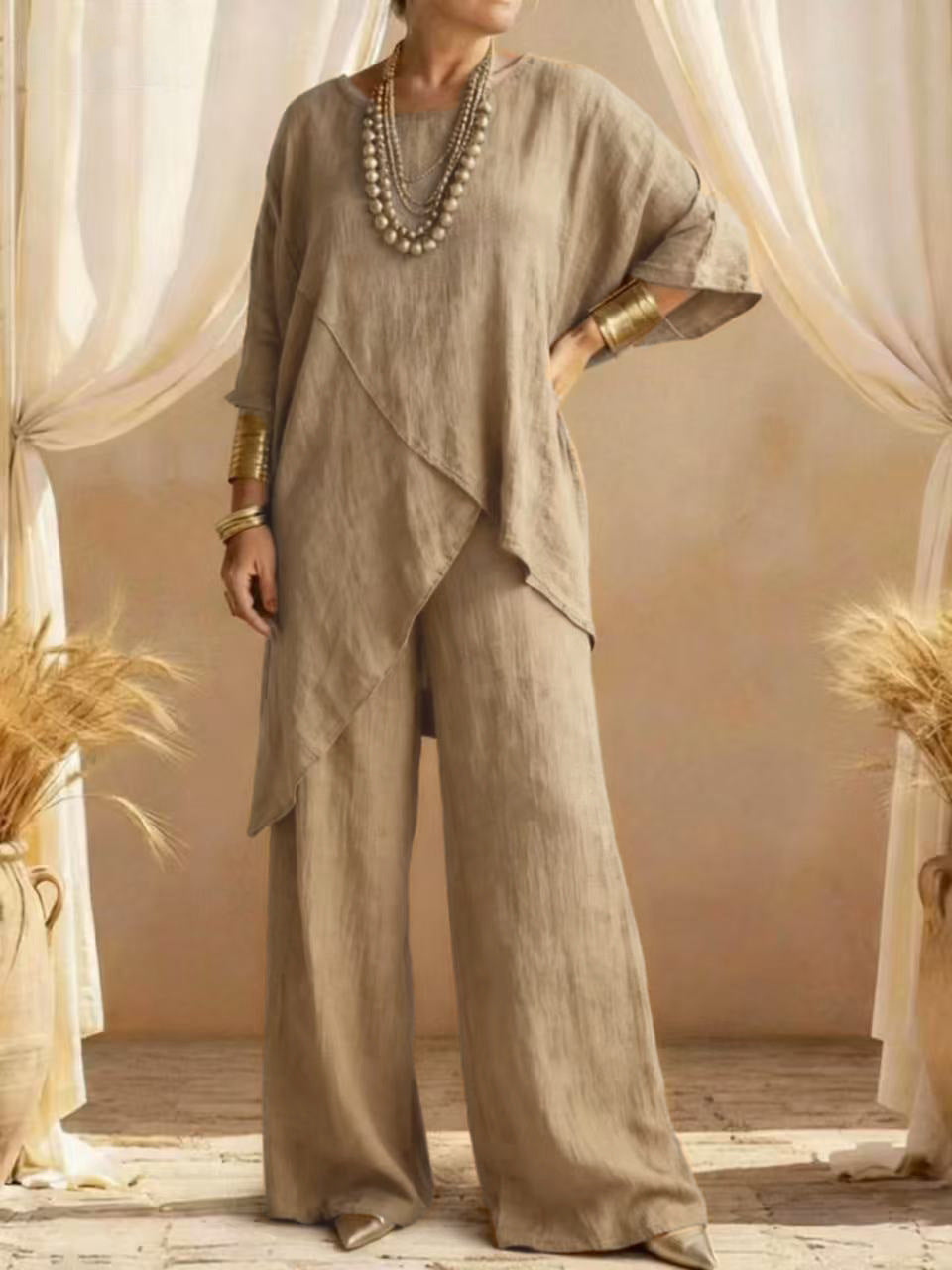 Relaxed Linen Two Piece Set with Asymmetric Tunic and Wide Leg Trousers