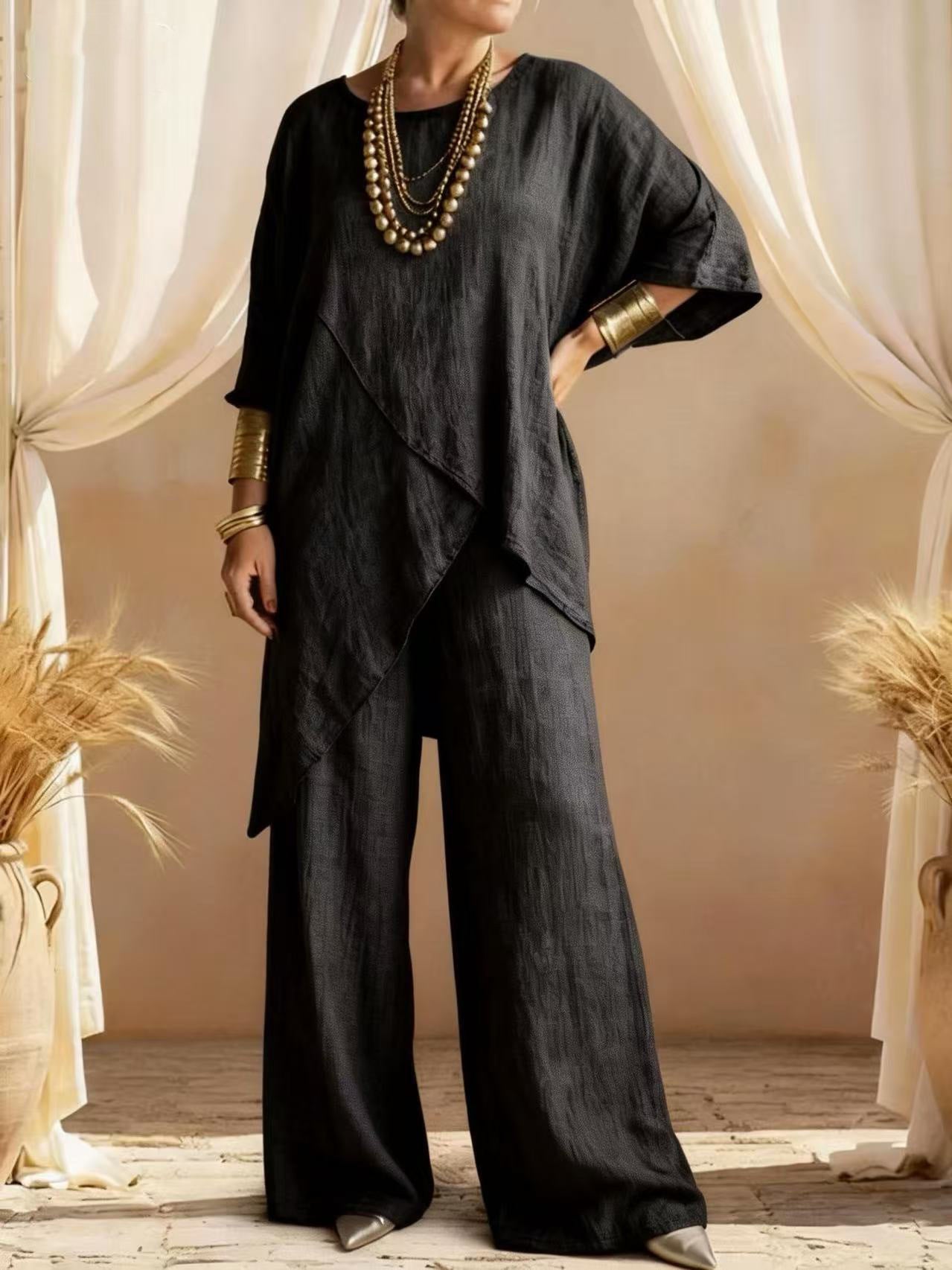 Relaxed Linen Two Piece Set with Asymmetric Tunic and Wide Leg Trousers