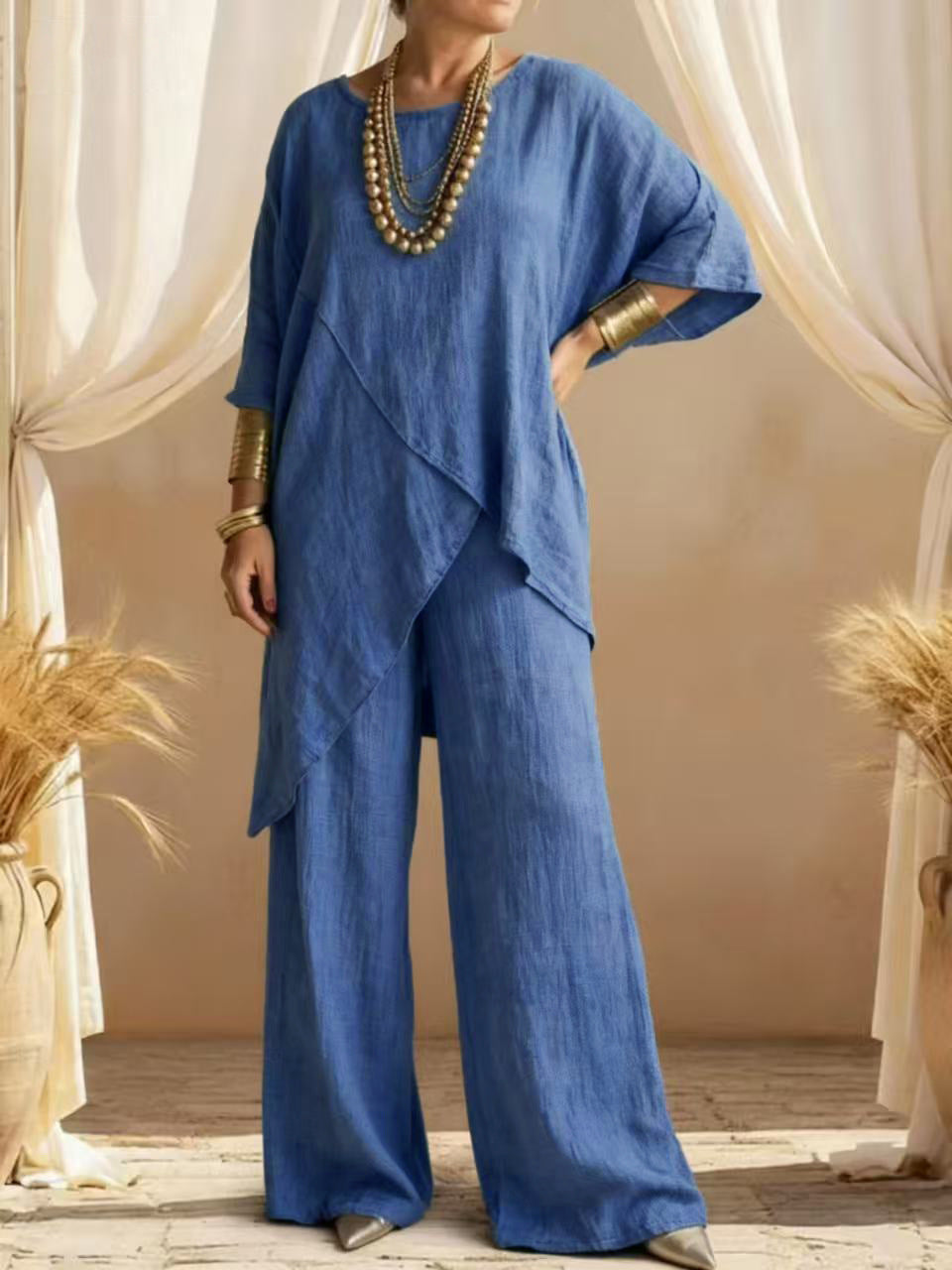Relaxed Linen Two Piece Set with Asymmetric Tunic and Wide Leg Trousers