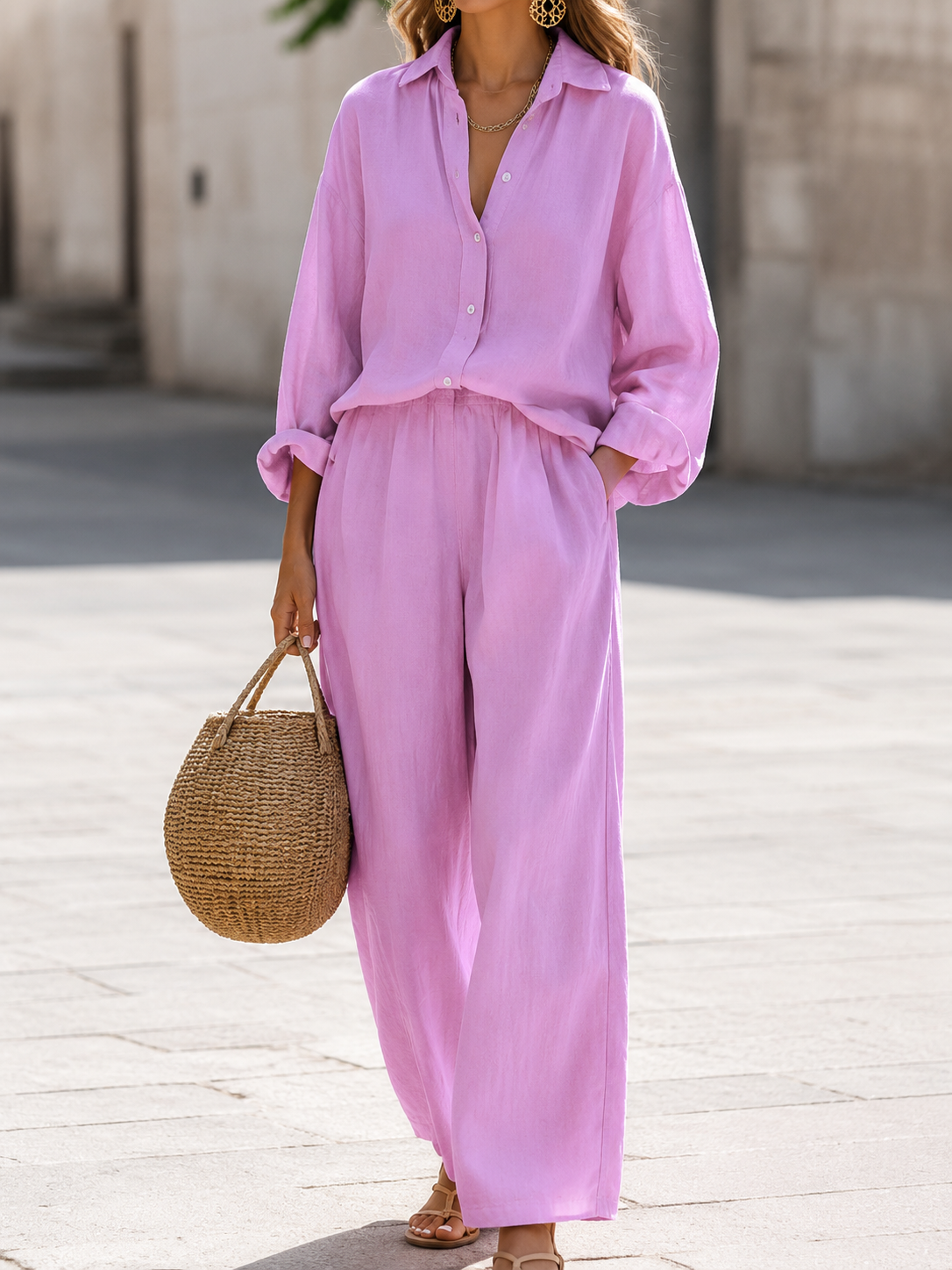 Relaxed Linen Two Piece Set with Button Shirt and Wide Leg Trousers