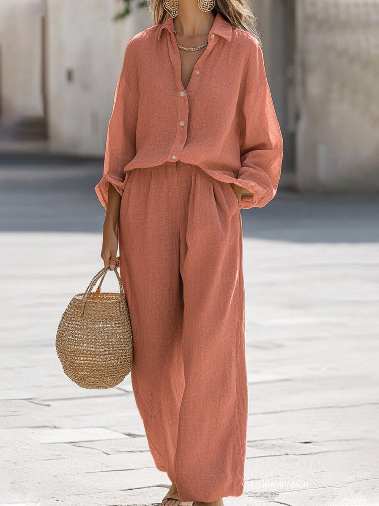 Relaxed Linen Two Piece Set with Button Shirt and Wide Leg Trousers