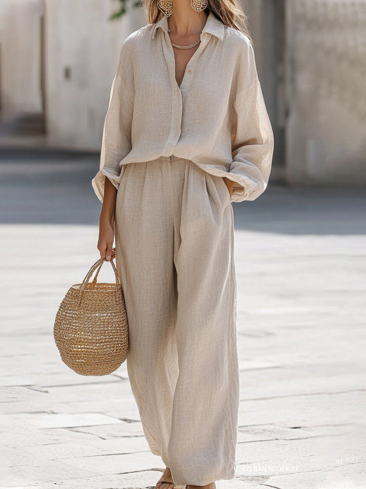 Relaxed Linen Two Piece Set with Button Shirt and Wide Leg Trousers
