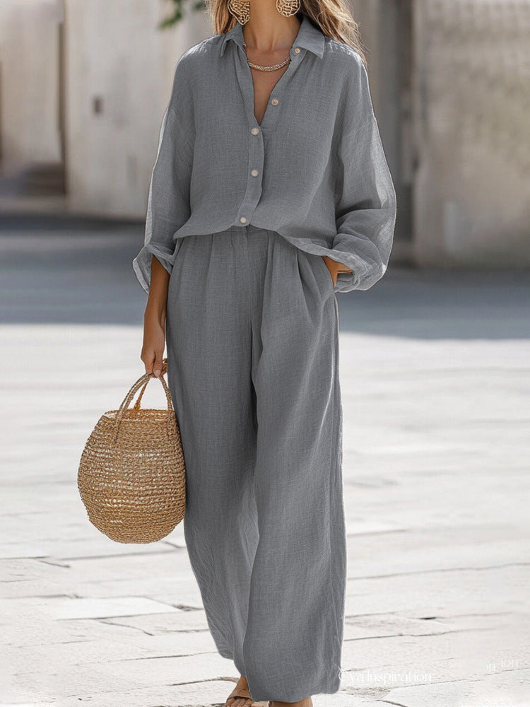 Relaxed Linen Two Piece Set with Button Shirt and Wide Leg Trousers