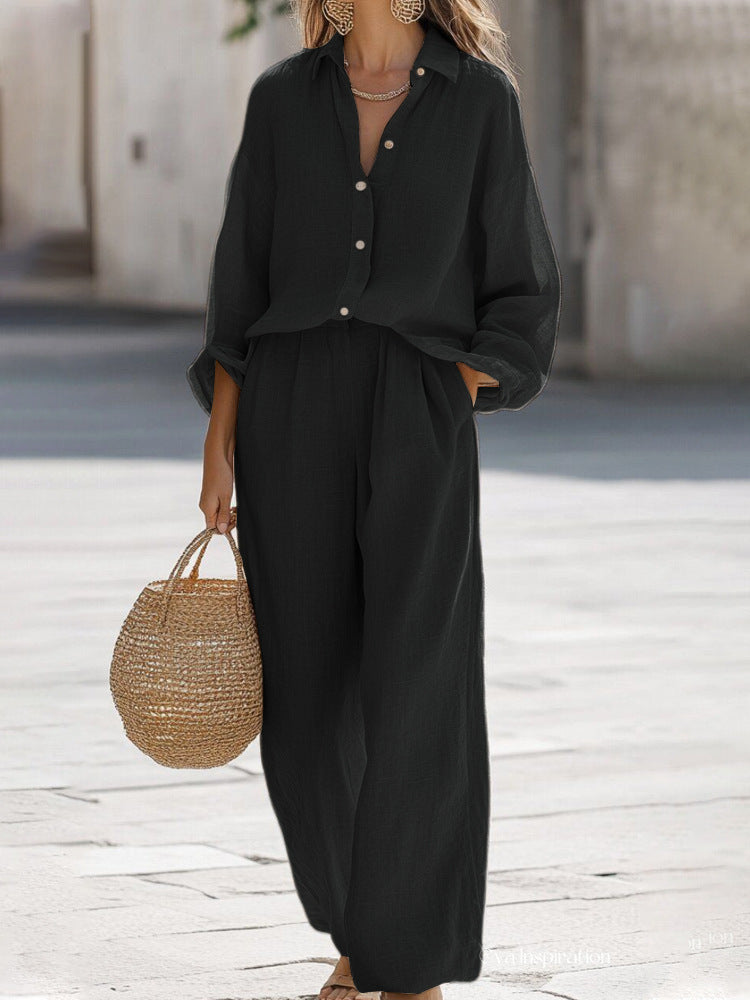 Relaxed Linen Two Piece Set with Button Shirt and Wide Leg Trousers