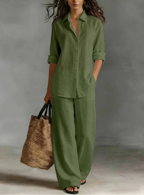 Relaxed Linen Two Piece Set with Long Sleeve Shirt and Wide Leg Trousers