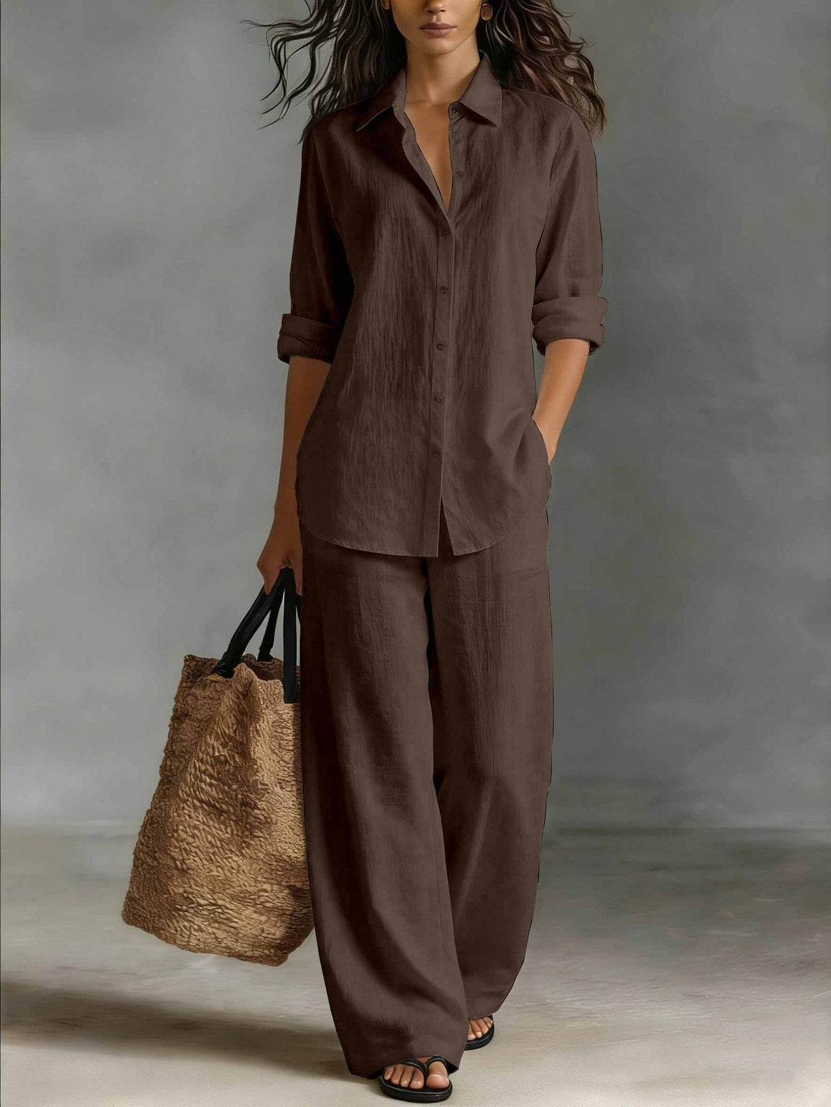 Relaxed Linen Two Piece Set with Long Sleeve Shirt and Wide Leg Trousers