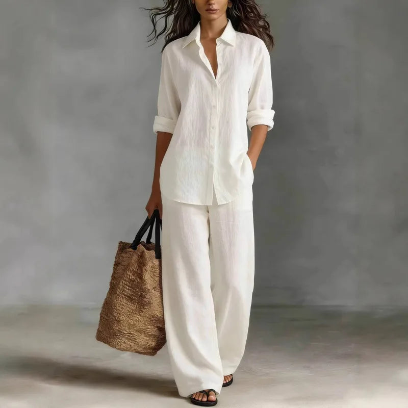 Relaxed Linen Two Piece Set with Long Sleeve Shirt and Wide Leg Trousers