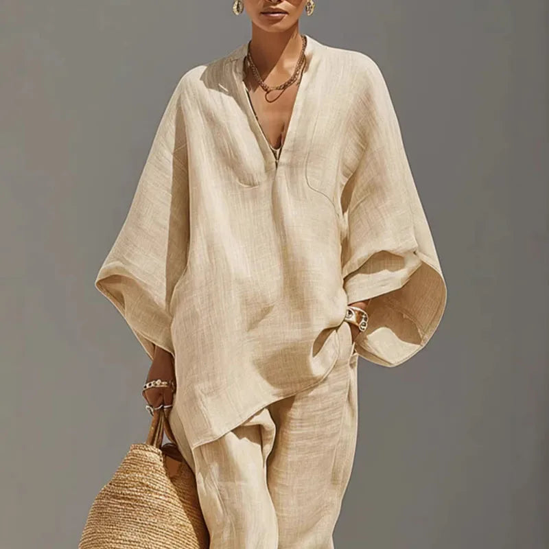 Relaxed Linen Two Piece Set with Oversized Top and Tapered Trousers