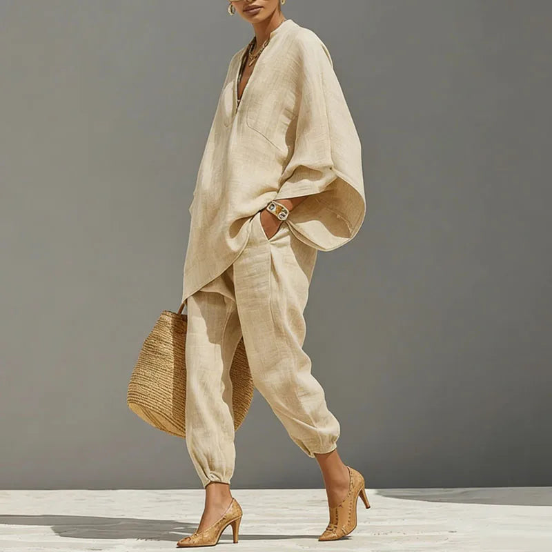 Relaxed Linen Two Piece Set with Oversized Top and Tapered Trousers