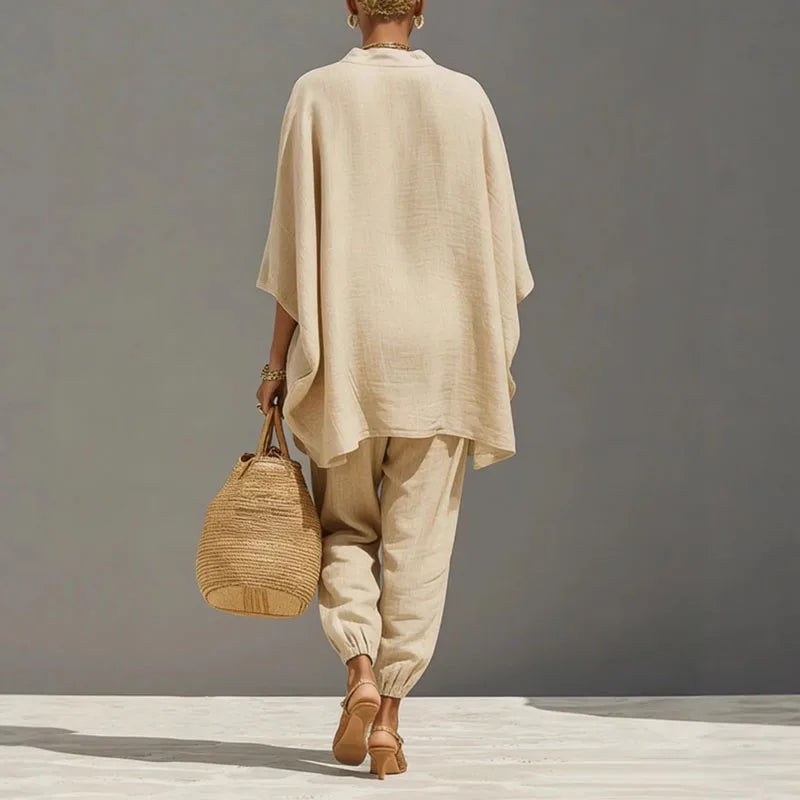 Relaxed Linen Two Piece Set with Oversized Top and Tapered Trousers