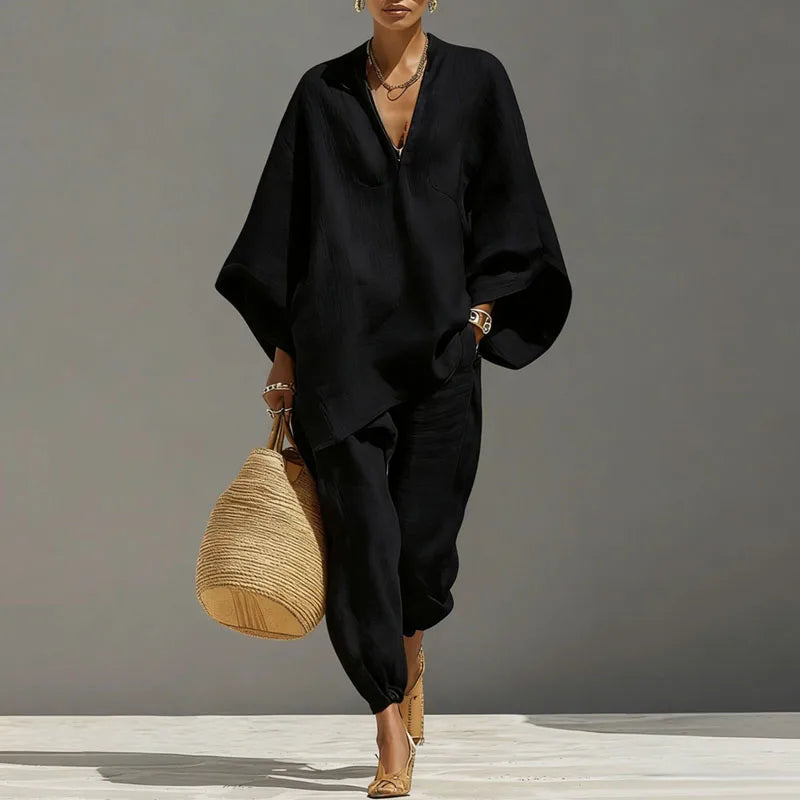 Relaxed Linen Two Piece Set with Oversized Top and Tapered Trousers